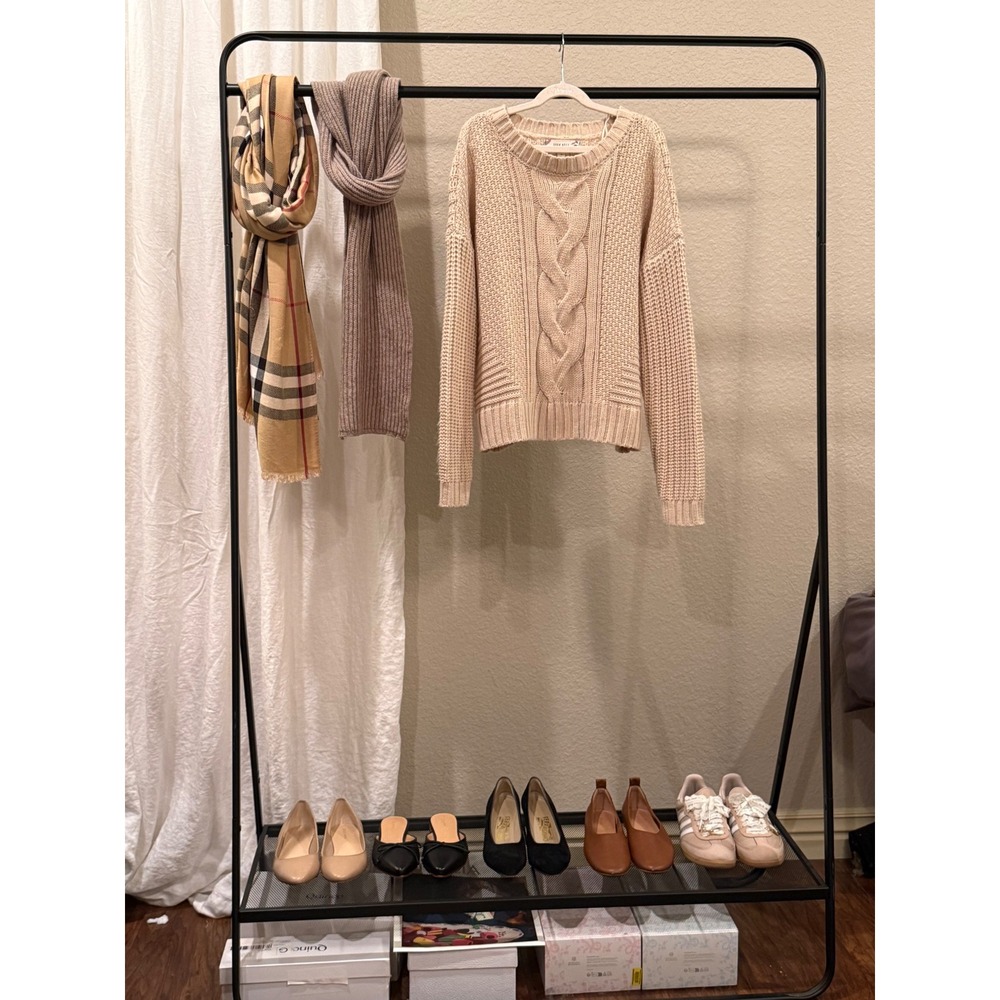 Pink Rose Women Beige Cable Knit Sweater Crew Neck Shaker Stitch Pullover Small
